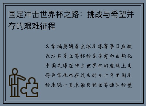 国足冲击世界杯之路：挑战与希望并存的艰难征程